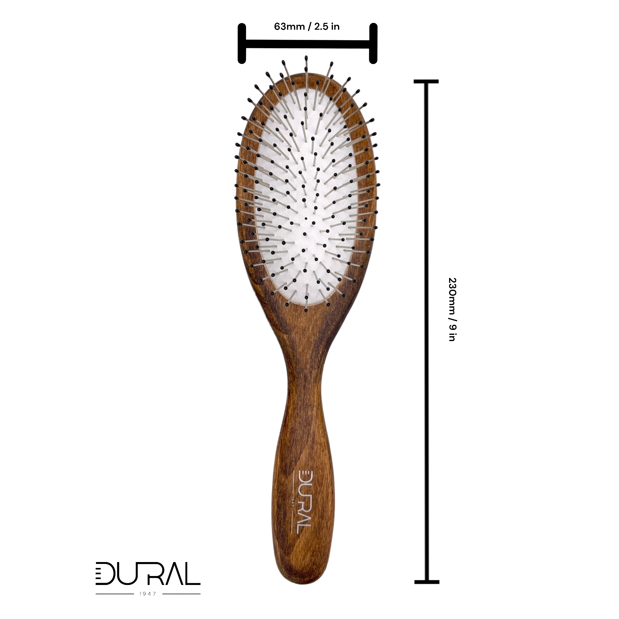 Dural Beech Wood rubber cushion hair brush with steel pins and plastic ball tips