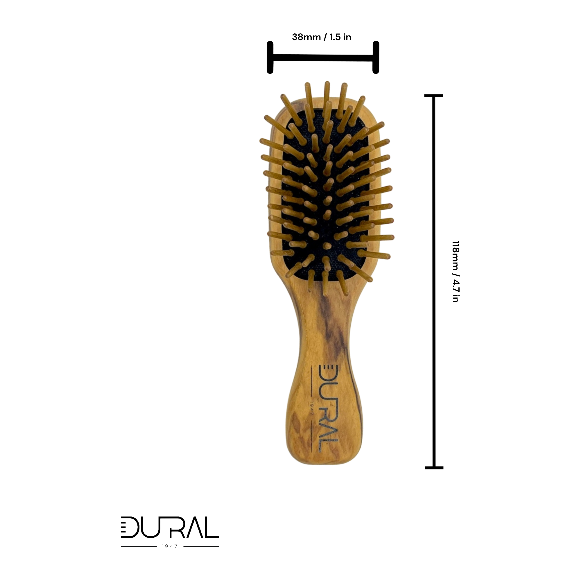 Dural Olive wood mini hair brush with rubber cushion and wooden pins