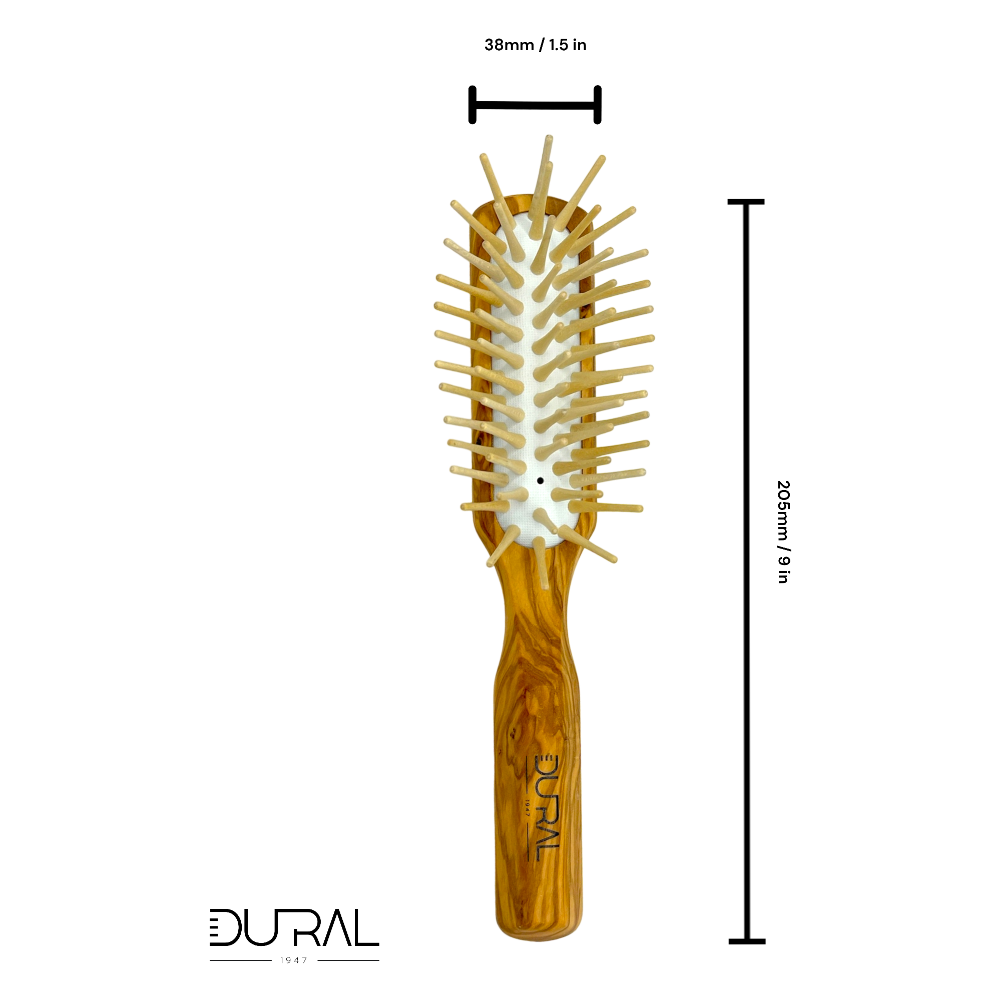 Dural Olive wood rubber cushion hair brush with long wooden pins