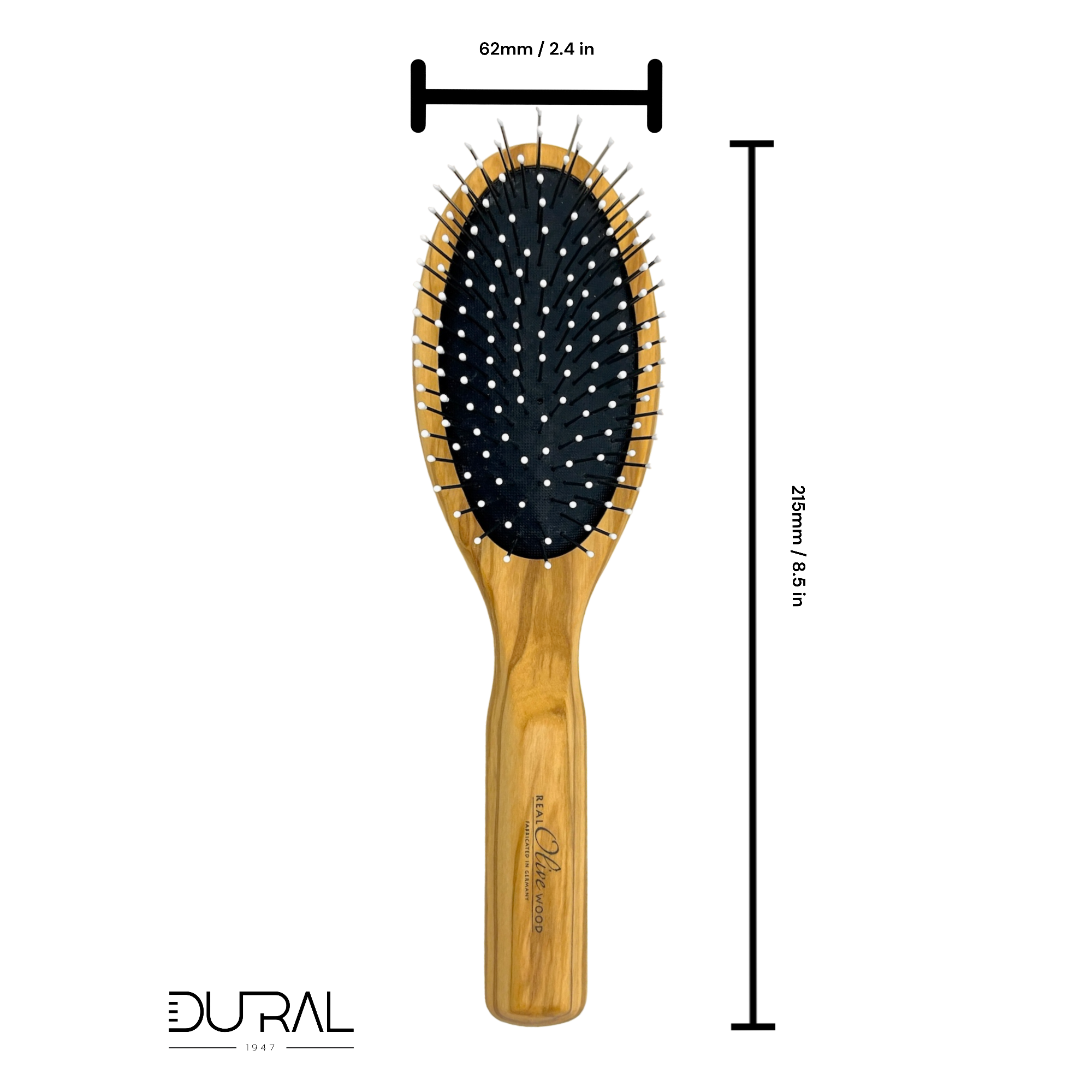 Dural Olive wood rubber cushion hair brush with steel pins and ball tips