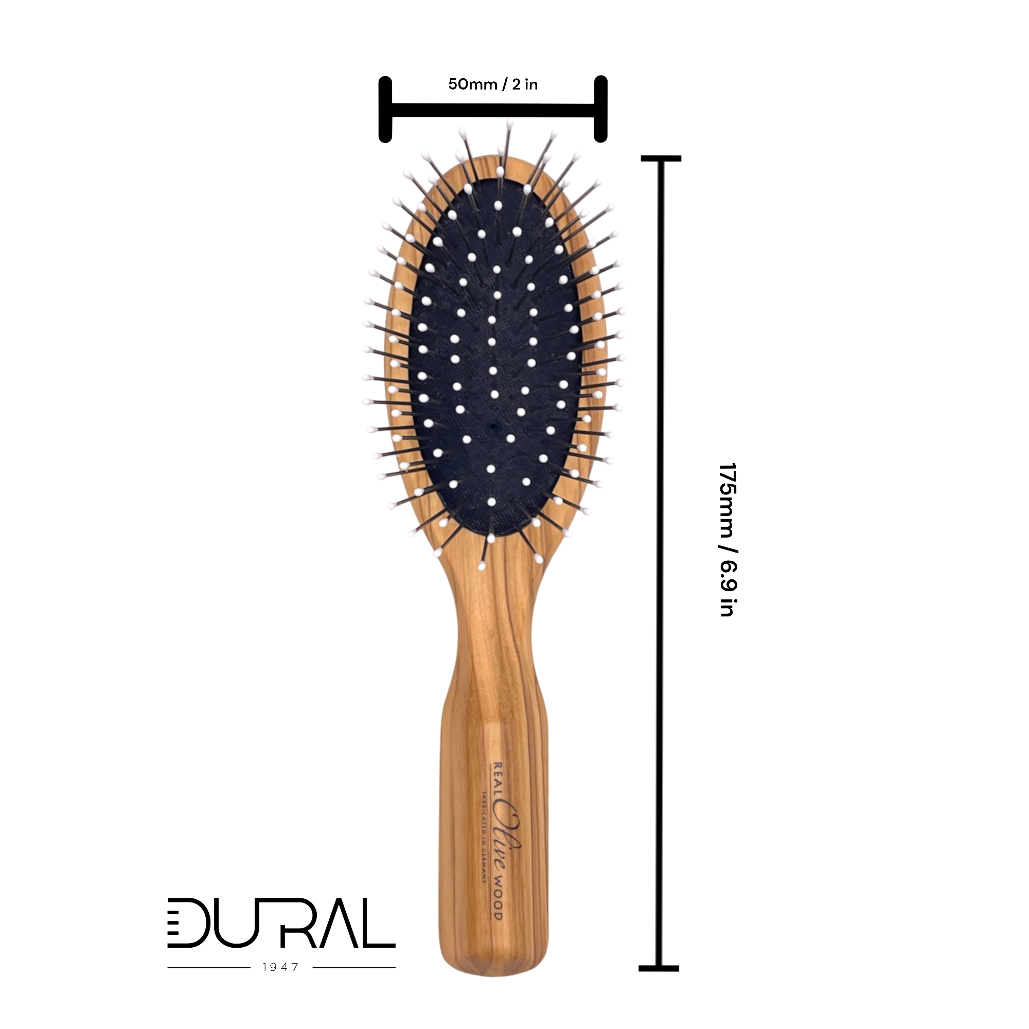 Dural Olive wood hair brush with rubber cushion, steel pins with ball tips