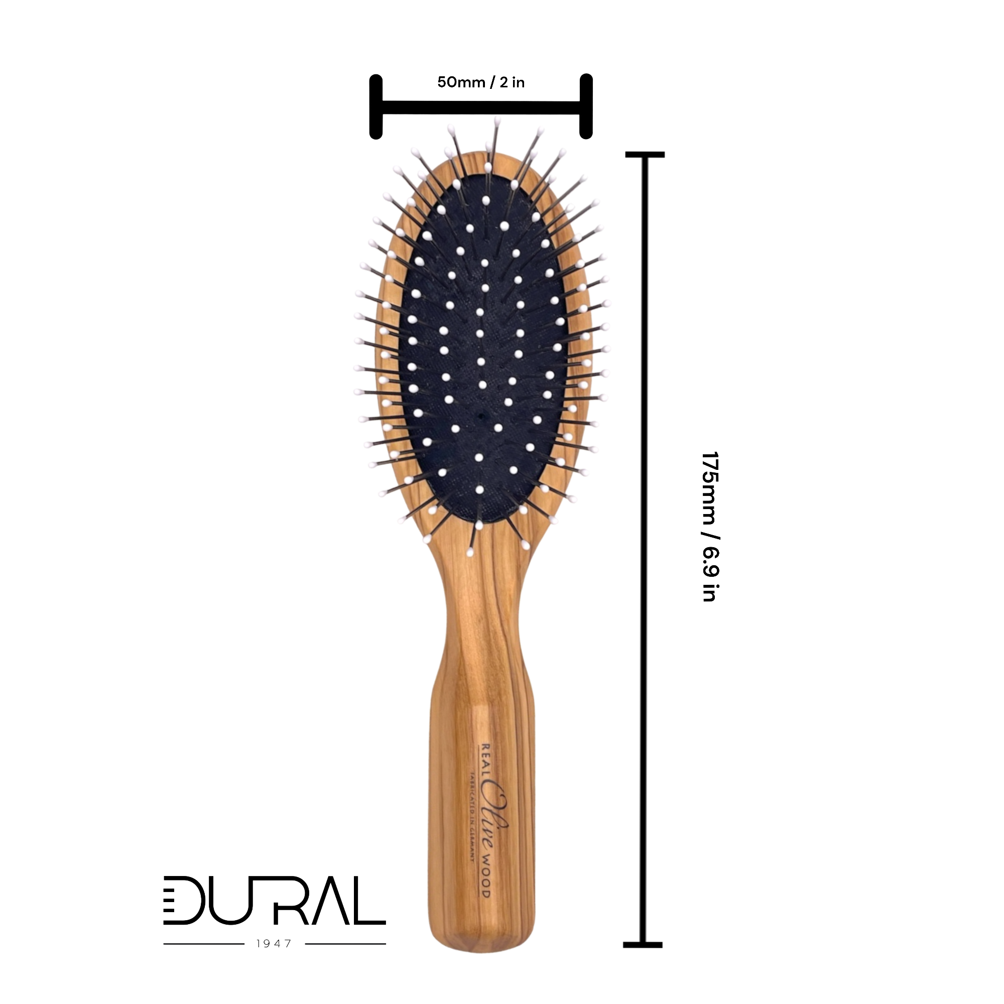 Dural Olive wood hair brush with rubber cushion, steel pins with ball tips