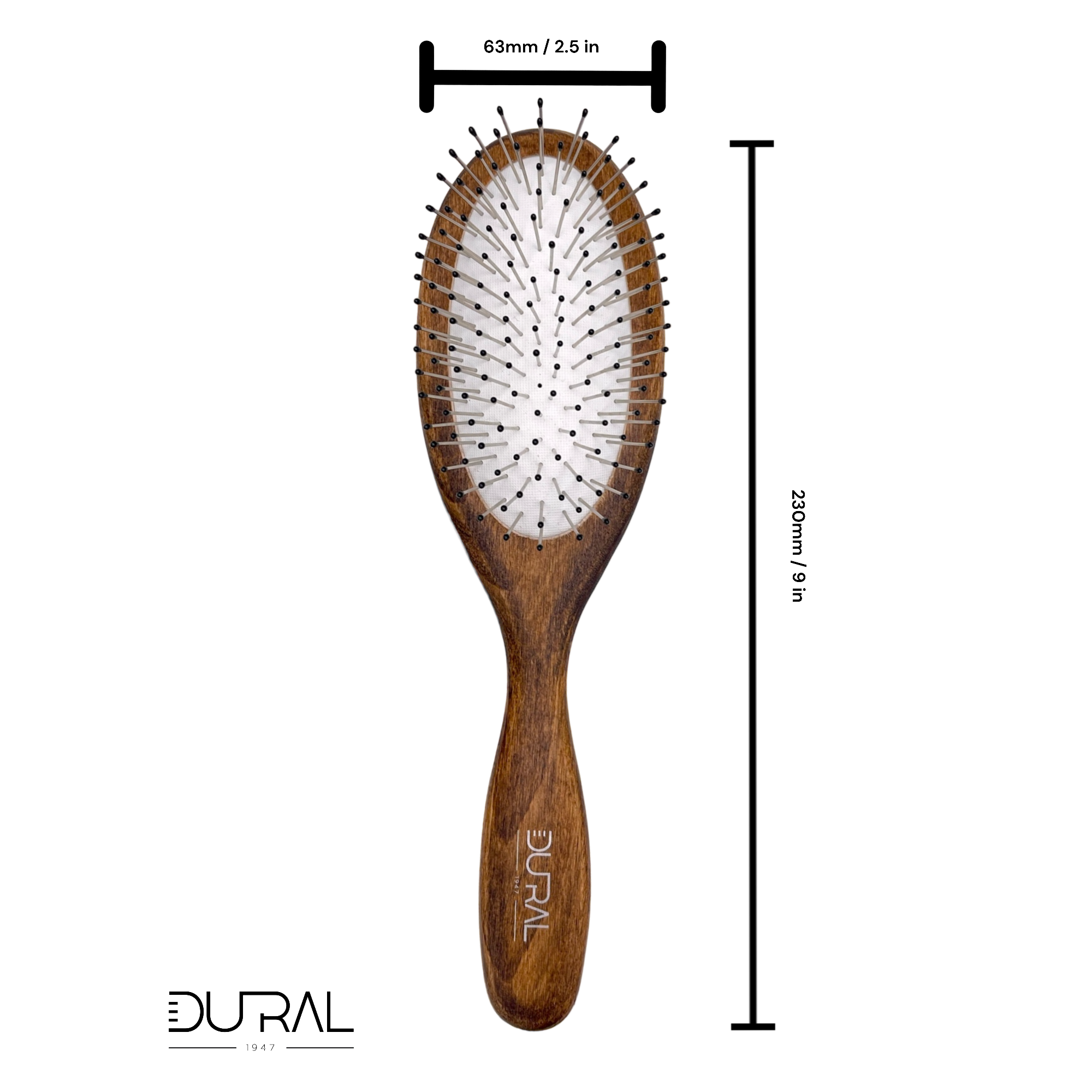 Dural Beech Wood rubber cushion hair brush with steel pins and plastic ball tips