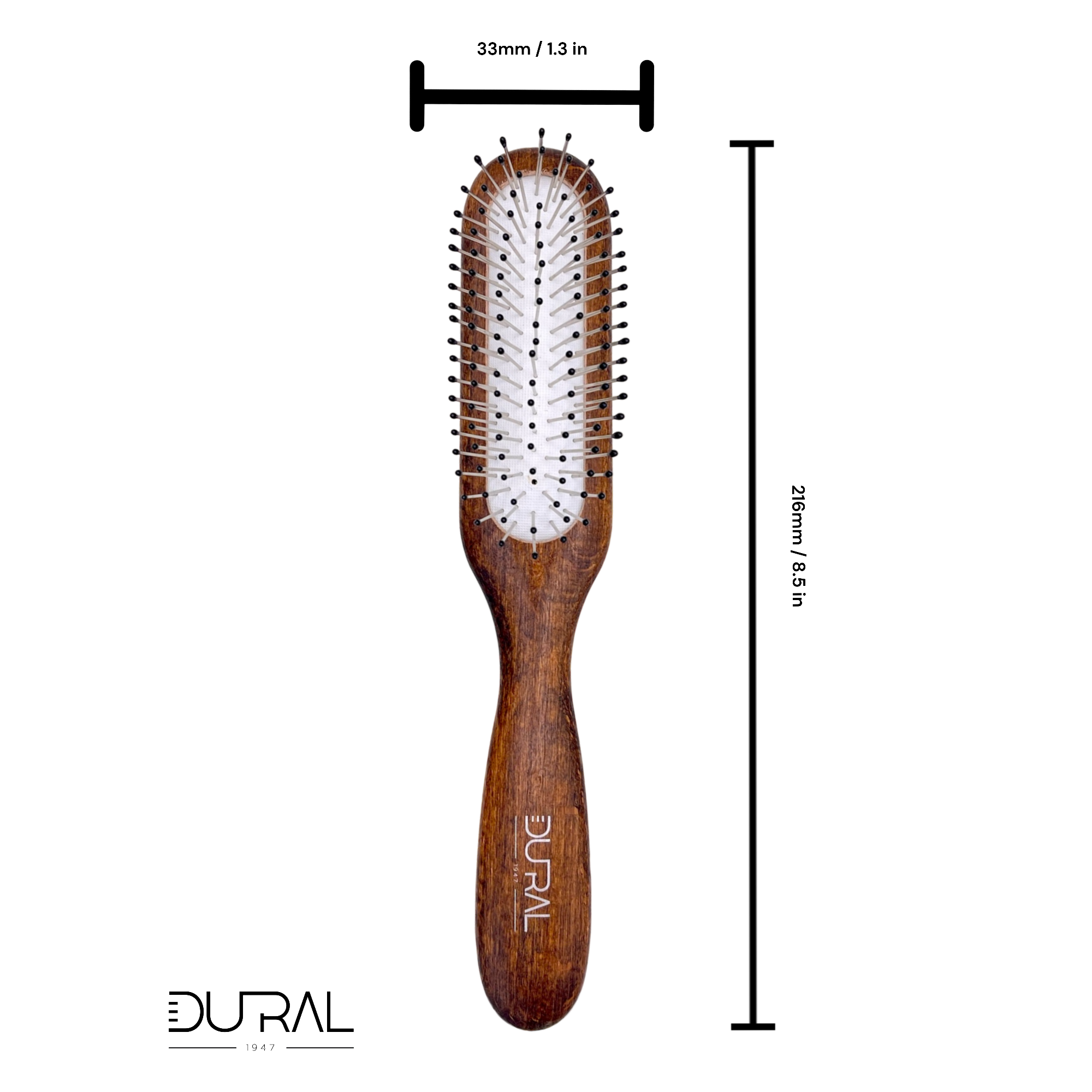 Dural Beech wood rubber cushion hair brush with steel pins and ball tips