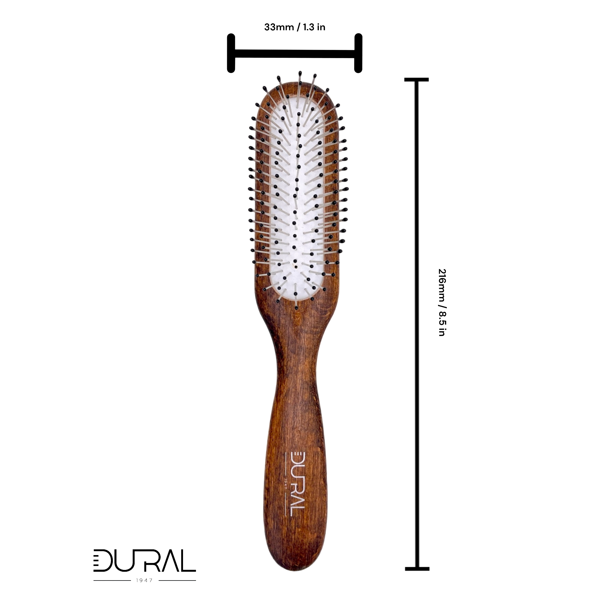 Dural Beech wood rubber cushion hair brush with steel pins and ball tips